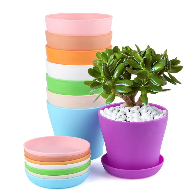 KINGLAKE 8 Pcs 4" Plastic Plant Flower Seedlings Nursery Pot/Pots Planter Colorful Flower Plant Container Seed Starting Pots with Pallet and Drainage Holes for Home Garden Flowers Plants,8 Colors - Image 1